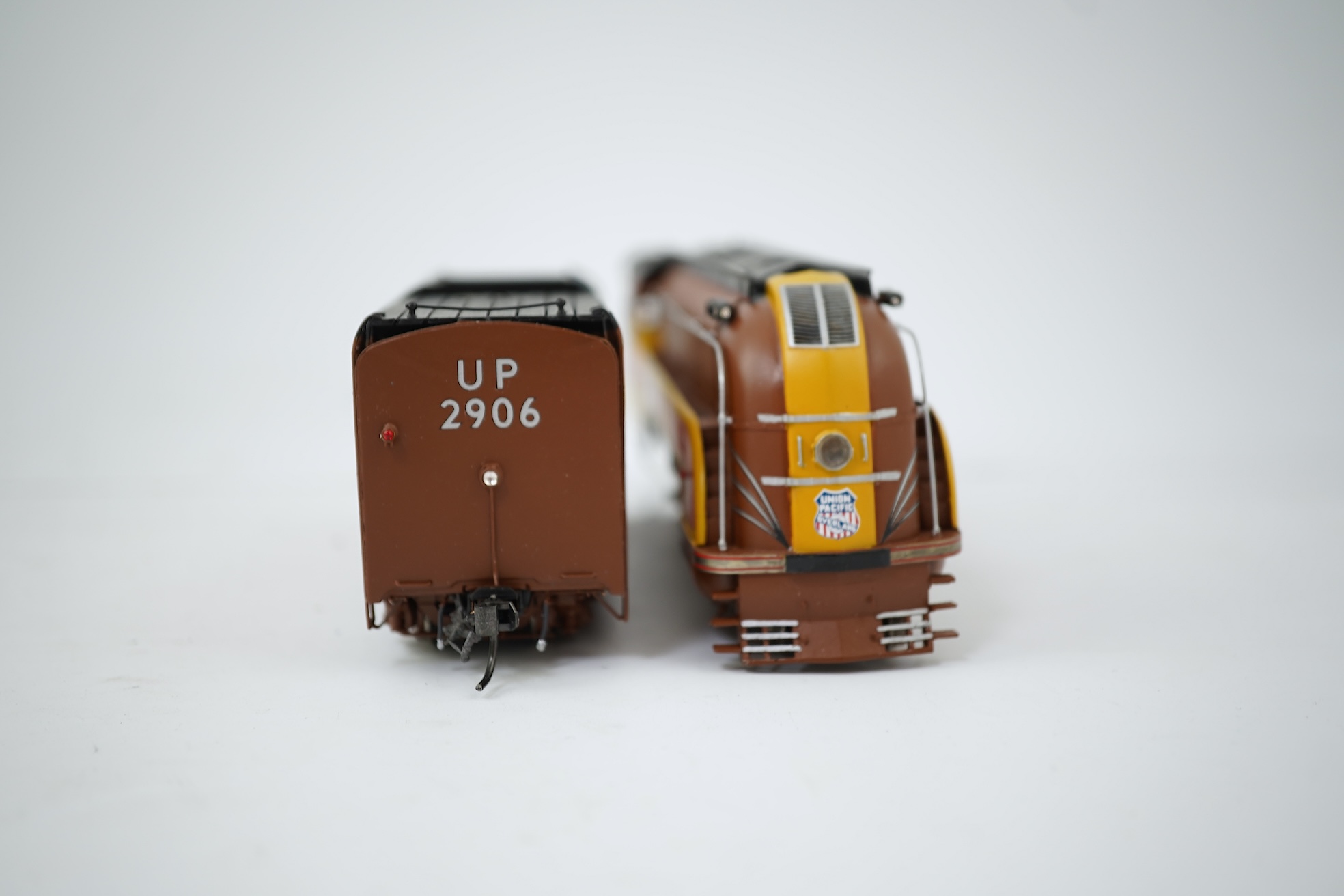 A boxed HO gauge Overland Models Inc. model of Union Pacific P77, 2906, streamlined 4-6-2 locomotive with bogie tender, powered for two rail operation.